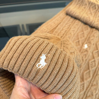 Ralph Lauren Hat Beige Cable-Knit Beanie and Scarf Set