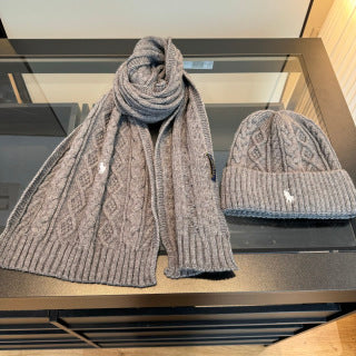 Ralph Lauren Hat Gray Cable-Knit Beanie and Scarf Set