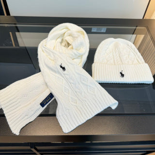 Ralph Lauren Hat Ivory Pony Cable Beanie Scarf Set