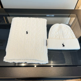 Ralph Lauren Hat Ivory Pony Cable Beanie Scarf Set
