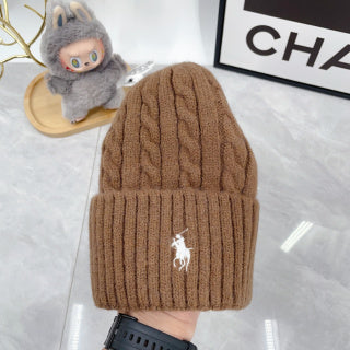 Ralph Lauren Hat Mocha Brown White Pony Cable Rib Beanie
