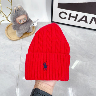 Ralph Lauren Hat Vivid Red Navy Pony Cable Knit Beanie