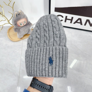 Ralph Lauren Hat Heather Gray Blue Pony Textured Cable Beanie