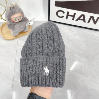 Ralph Lauren Hat Heather Gray White Pony Cable Rib Beanie