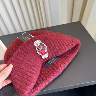 Ralph Lauren Hat Deep Burgundy Ribbed Knit Beanie with Front Polo Bear Patch