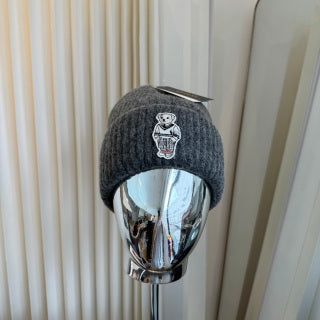Ralph Lauren Hat Charcoal Ribbed Knit Beanie with Monochrome Polo Bear Patch