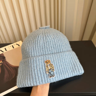 Ralph Lauren Hat Light Blue Ribbed Knit Beanie with Front Polo Bear Patch