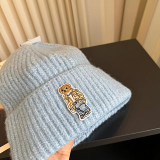 Ralph Lauren Hat Light Blue Ribbed Knit Beanie with Front Polo Bear Patch
