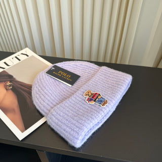 Ralph Lauren Hat Pale Lilac Ribbed Knit Beanie with Front Polo Bear Patch