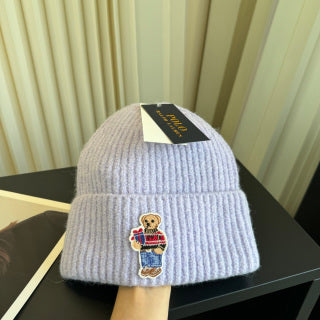 Ralph Lauren Hat Pale Lilac Ribbed Knit Beanie with Front Polo Bear Patch