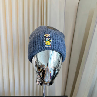 Ralph Lauren Hat Heather Blue Ribbed Knit Beanie with Front Bear Patch