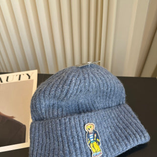 Ralph Lauren Hat Heather Blue Ribbed Knit Beanie with Front Bear Patch