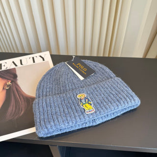 Ralph Lauren Hat Heather Blue Ribbed Knit Beanie with Front Bear Patch