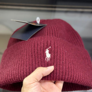 Ralph Lauren Hat Burgundy Ribbed Knit Beanie with White Pony Logo