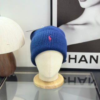 Ralph Lauren Hat Royal Blue Ribbed-Knit Red Pony Beanie