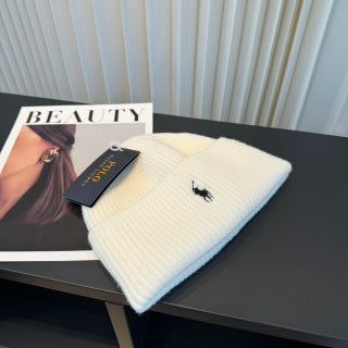 Ralph Lauren Hat Ivory Ribbed-Knit Black Pony Beanie