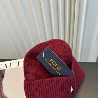 Ralph Lauren Hat Burgundy Ribbed-Knit White Pony Beanie