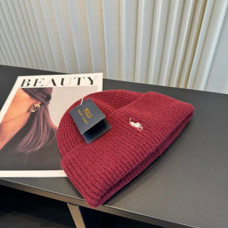 Ralph Lauren Hat Burgundy Ribbed-Knit White Pony Beanie