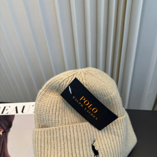 Ralph Lauren Hat Oatmeal Ribbed-Knit Black Pony Beanie