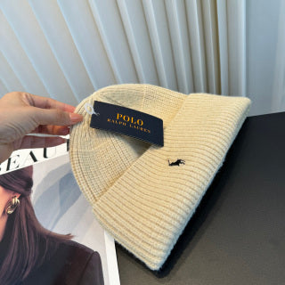 Ralph Lauren Hat Oatmeal Ribbed-Knit Black Pony Beanie