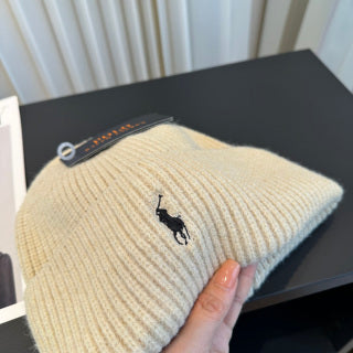 Ralph Lauren Hat Oatmeal Ribbed-Knit Black Pony Beanie