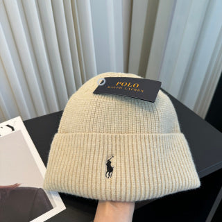 Ralph Lauren Hat Oatmeal Ribbed-Knit Black Pony Beanie