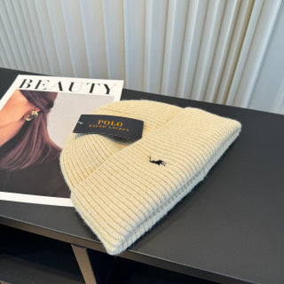 Ralph Lauren Hat Oatmeal Ribbed-Knit Black Pony Beanie