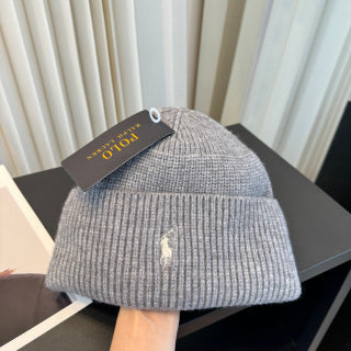 Ralph Lauren Hat Gray Ribbed-Knit White Pony Beanie