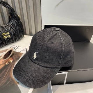 Ralph Lauren Hat Washed Black White Pony Contrast Stitch Cap