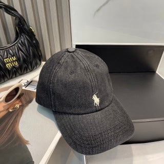 Ralph Lauren Hat Washed Black White Pony Contrast Stitch Cap