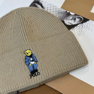 Ralph Lauren Hat Oatmeal Polo Bear Ribbed Knit Beanie