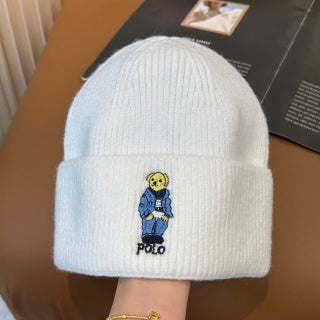 Ralph Lauren Hat Ivory Polo Bear Ribbed Knit Beanie