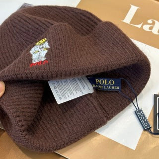 Ralph Lauren Hat Brown Ribbed Bear Patch Knit Beanie