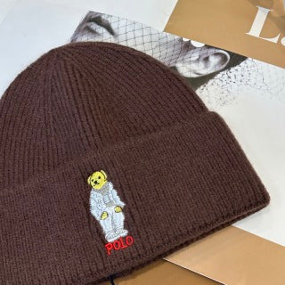 Ralph Lauren Hat Brown Ribbed Bear Patch Knit Beanie