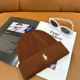 Ralph Lauren Hat Cognac Brown White Pony Ribbed Cuff Beanie