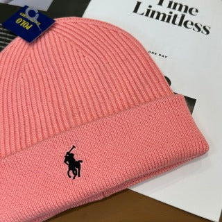Ralph Lauren Hat Blush Pink Black Pony Ribbed Cuff Beanie