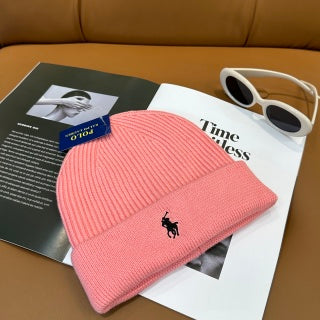 Ralph Lauren Hat Blush Pink Black Pony Ribbed Cuff Beanie