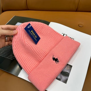 Ralph Lauren Hat Blush Pink Black Pony Ribbed Cuff Beanie