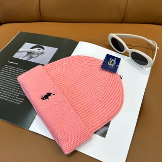 Ralph Lauren Hat Blush Pink Black Pony Ribbed Cuff Beanie