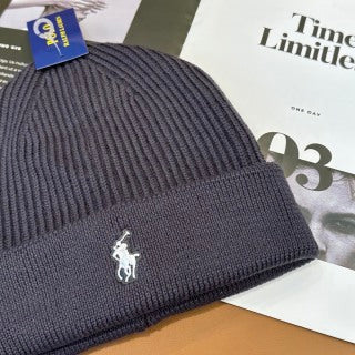 Ralph Lauren Hat Charcoal Gray White Pony Ribbed Cuff Beanie
