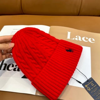 Ralph Lauren Hat Scarlet Red Side Pony Ribbed Knit Beanie