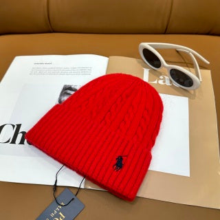 Ralph Lauren Hat Scarlet Red Side Pony Ribbed Knit Beanie