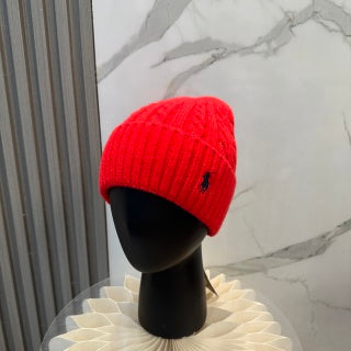 Ralph Lauren Hat Scarlet Red Side Pony Ribbed Knit Beanie