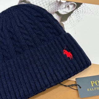 Ralph Lauren Hat Navy Red Pony Folded Rib Beanie