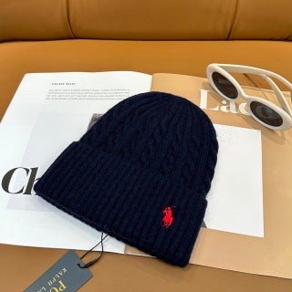 Ralph Lauren Hat Navy Contrast Pony Ribbed Knit Beanie