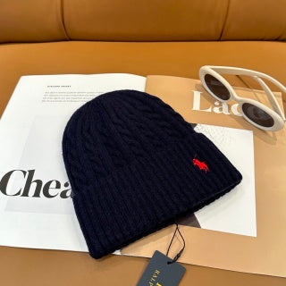 Ralph Lauren Hat Navy Red Pony Folded Rib Beanie