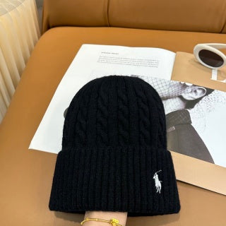 Ralph Lauren Hat Black Side Pony Textured Ribbed Beanie
