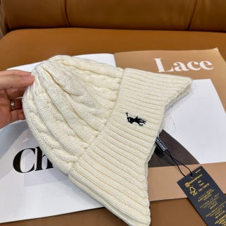 Ralph Lauren Hat Cream Ivory Navy Pony Vertical Rib Beanie