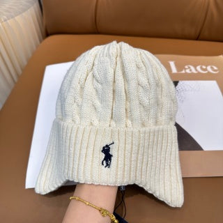 Ralph Lauren Hat Cream Ivory Navy Pony Vertical Rib Beanie