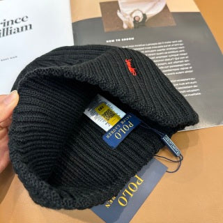 Ralph Lauren Hat Black Red Pony Deep Rib Knit Beanie